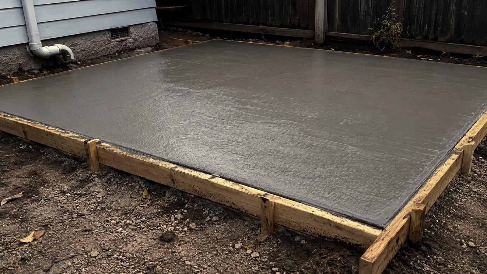 A small broom finished concrete slab with the timber formwork still pegged around it