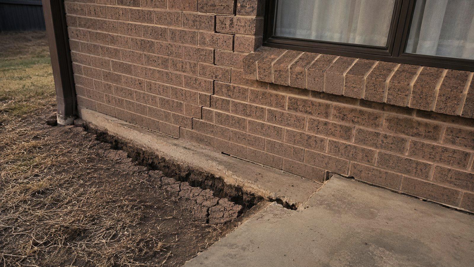 A stepped crack running up brick courses beside a window, the clay shrunk away below