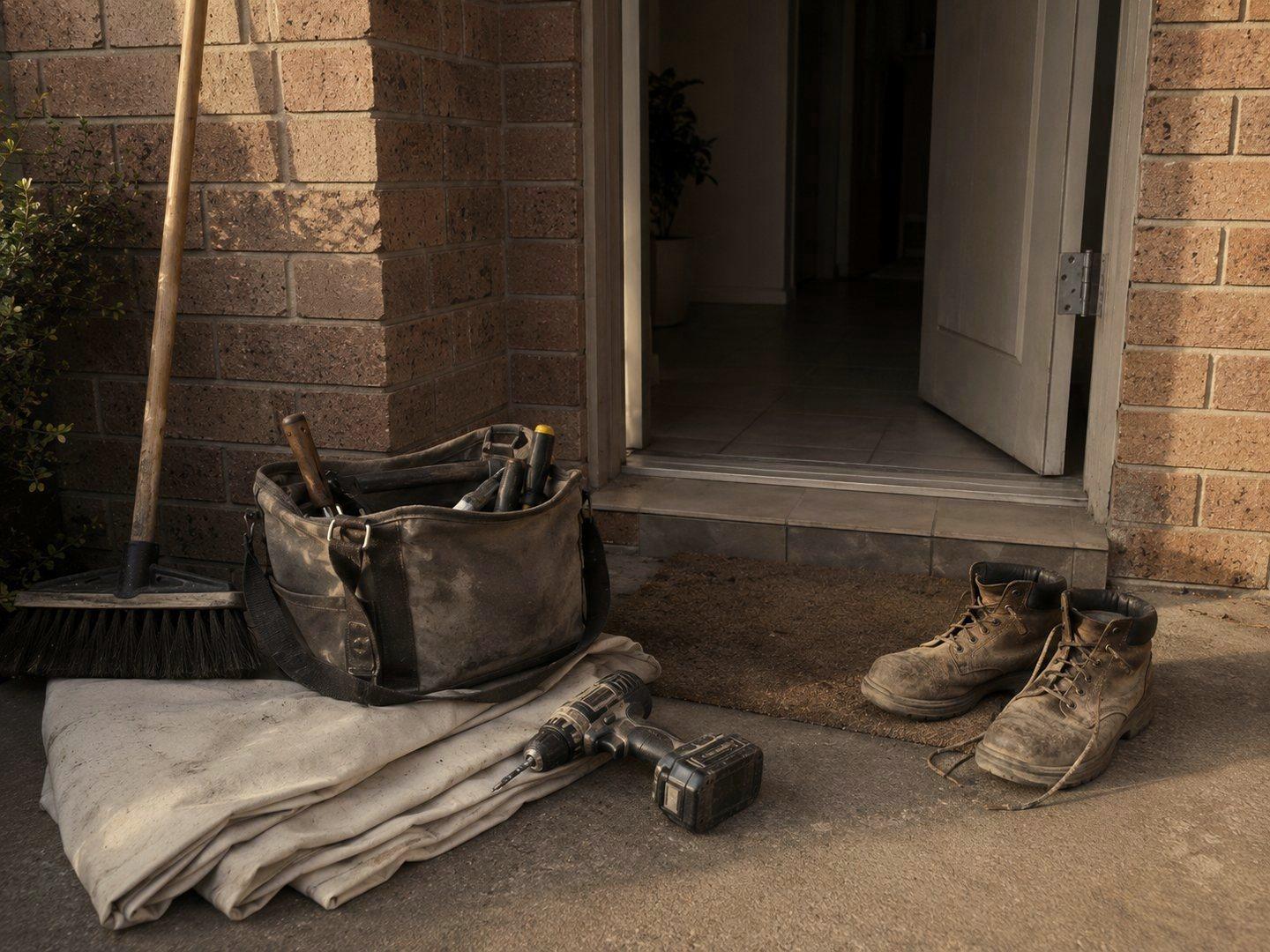 A tradesman's kit set down at the front door of a brick house
