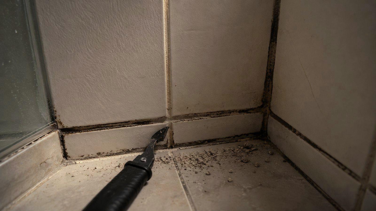 Tired dark grout in a tiled shower corner, a few joints raked out clean