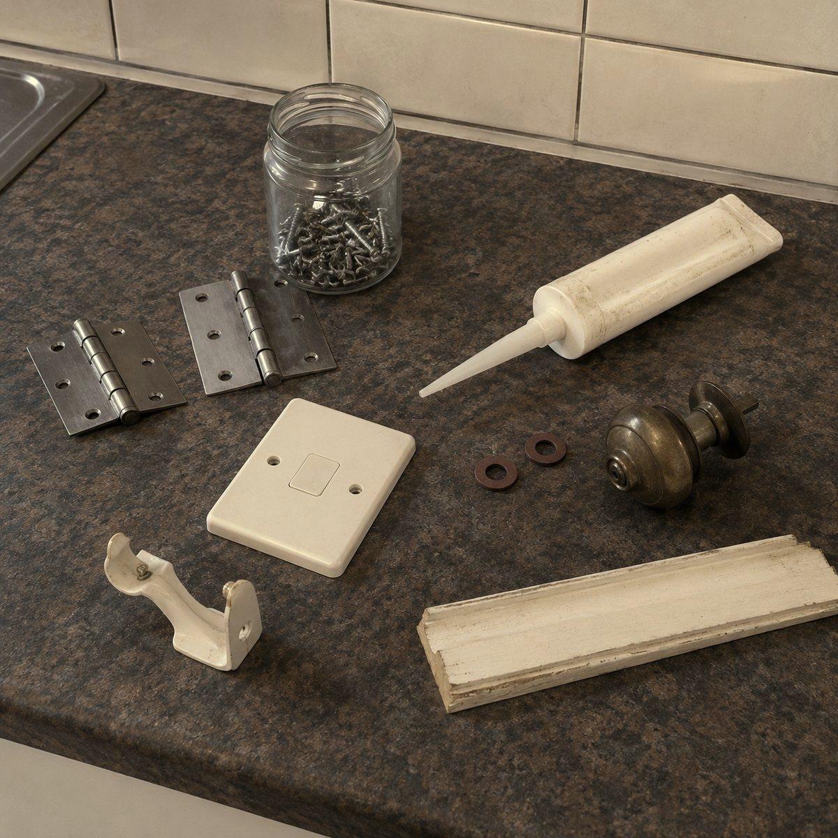 A morning's worth of small jobs laid out on a kitchen bench