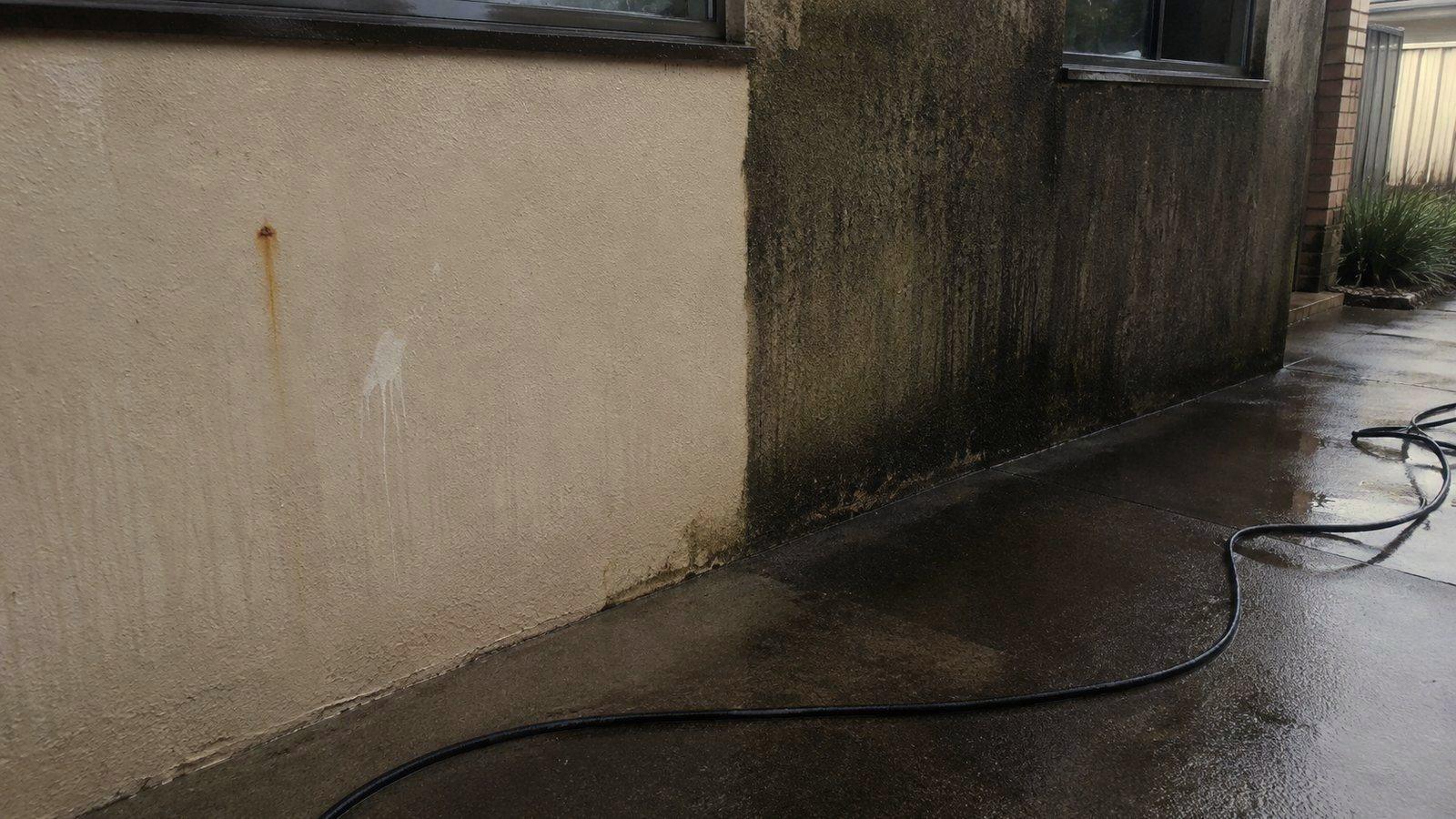 A rendered wall part way through a pressure clean, washed half beside the dirty half