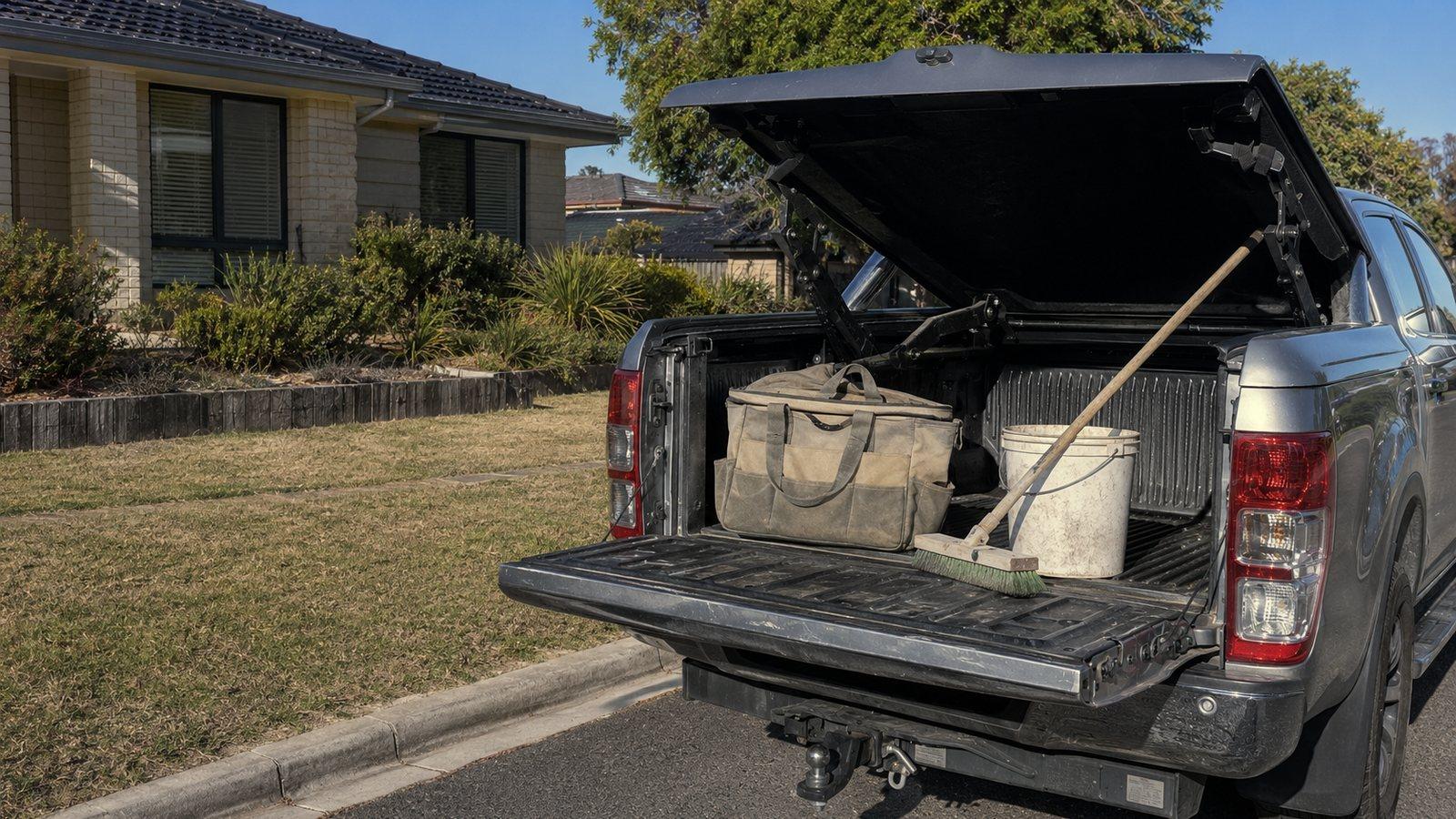 A work ute at a kerb with the tailgate down and tool bags in the tray, a house behind