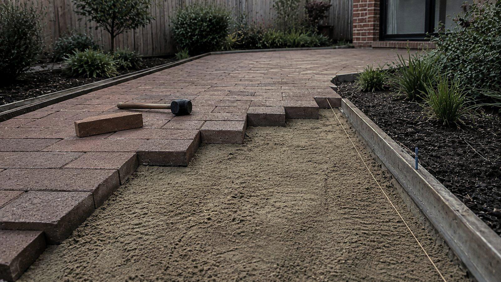 Clay pavers being laid on a screeded sand bed
