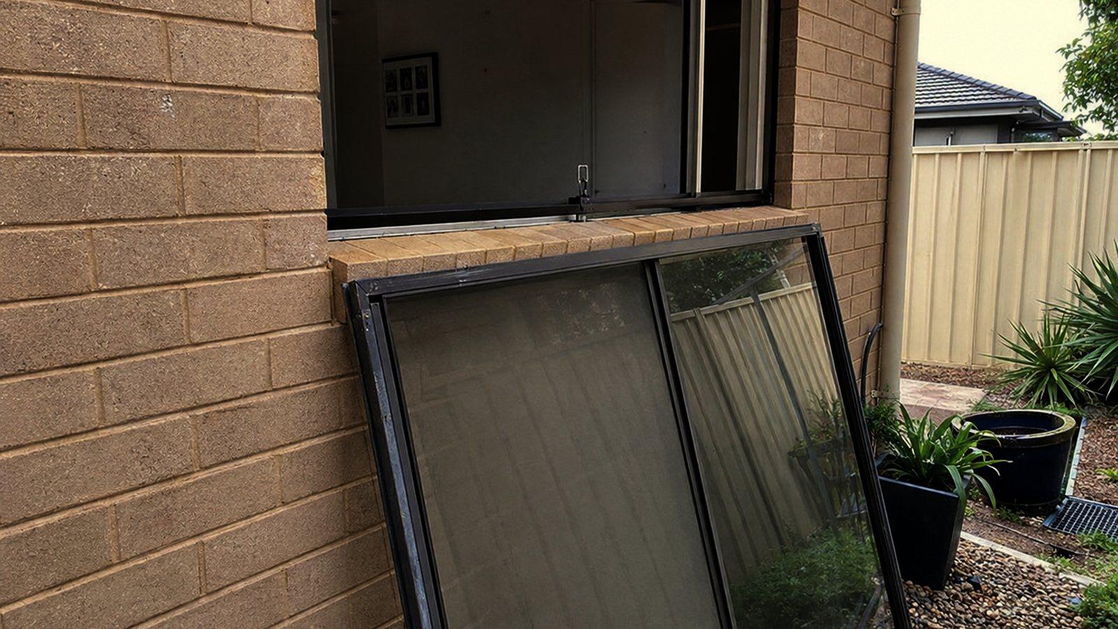 A sliding door leaf off its track for a roller repair